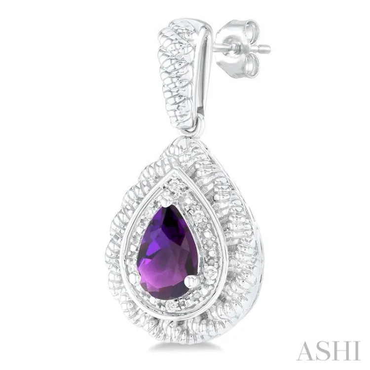 1/20 ctw Pear Cut 6X4 MM Amethyst and Round Cut Diamond Semi Precious Earring in Sterling Silver