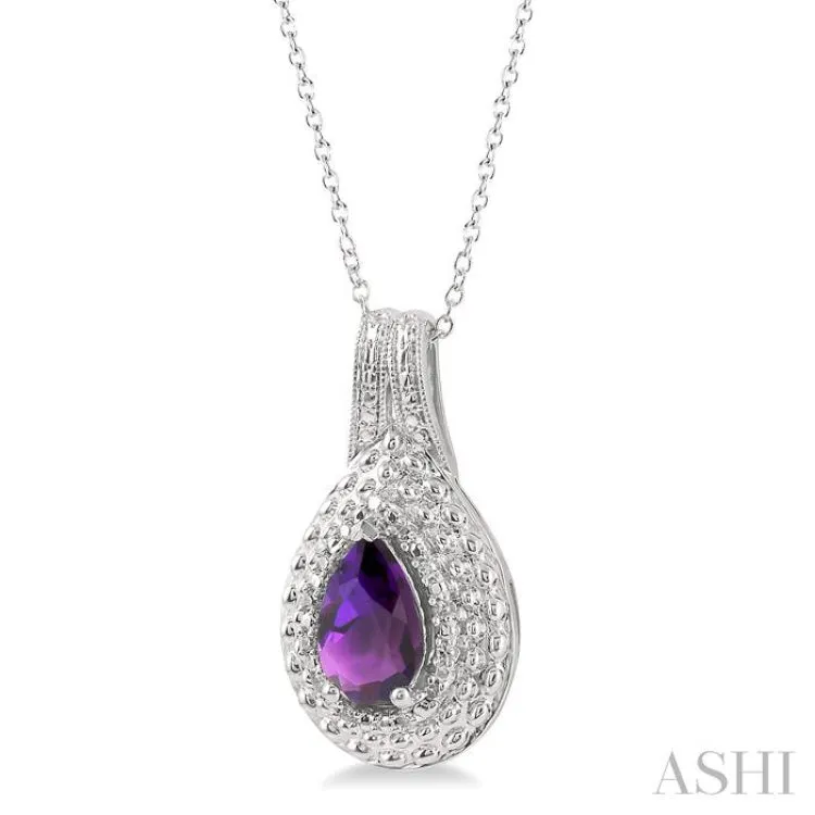 1/20 Ctw Round Cut Diamond & 9x6 MM Pear Cut Amethyst Semi Precious Pendant With Chain in Sterling Silver