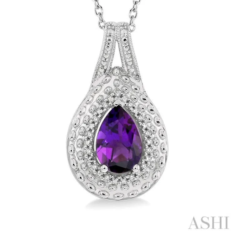 1/20 ctw Round Cut Diamond & 9x6MM Pear Cut Amethyst Semi Precious Pendant With Chain in Silver