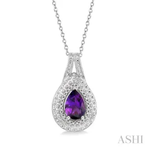 1/20 ctw Round Cut Diamond & 9x6MM Pear Cut Amethyst Semi Precious Pendant With Chain in Silver