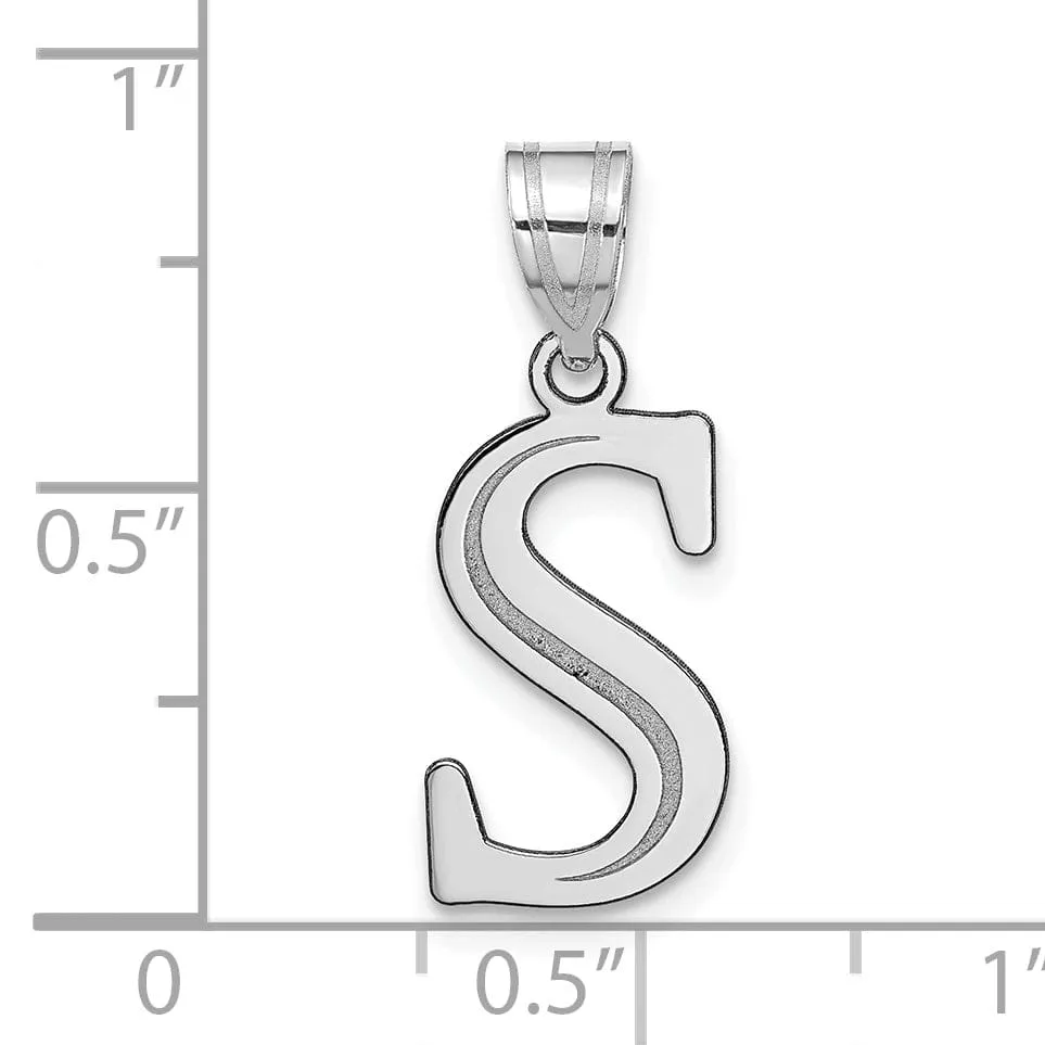 14k White Gold Etched Finish Block Letter S Initial Design Pendant