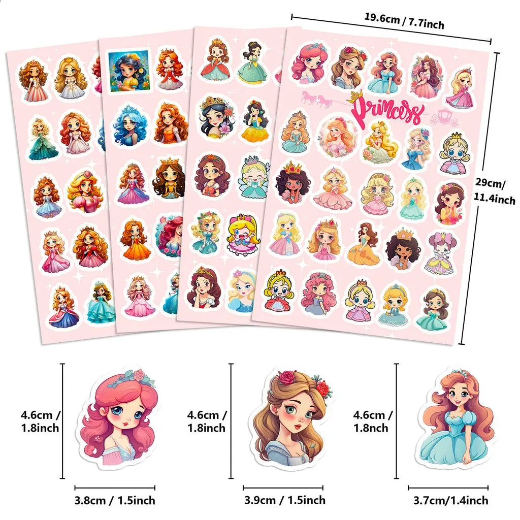 4 Sheets (100 pcs) Beautiful Princess Stickers for Kids Party Bag Fillers DIY Scrapbooking, Waterproof Vinyl UV-Proof Non-Fading Stickers