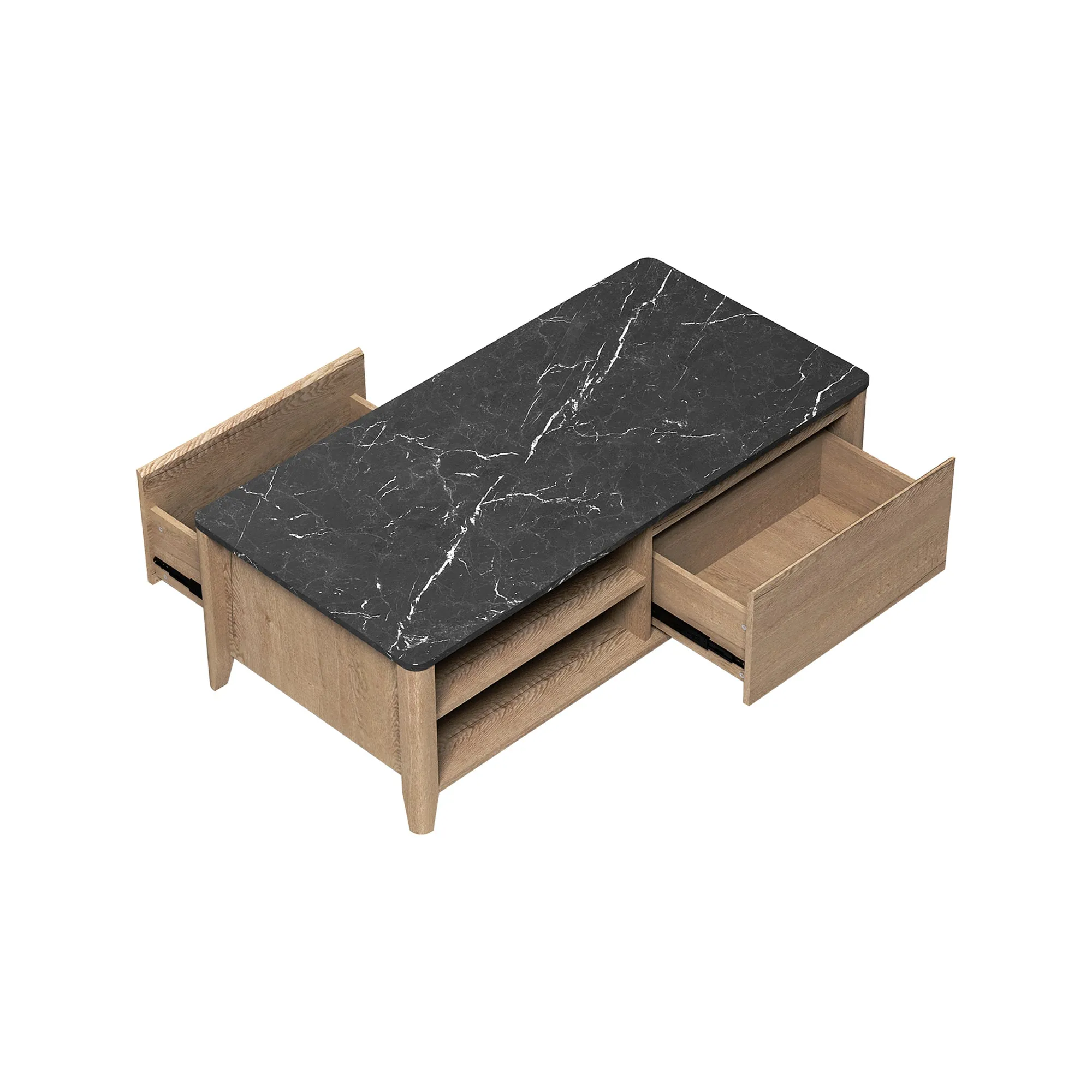 47 Inch Modern Farmhouse Double Drawer Coffee Table for Living Room or Office , Tobacco Wood and Marble Texture