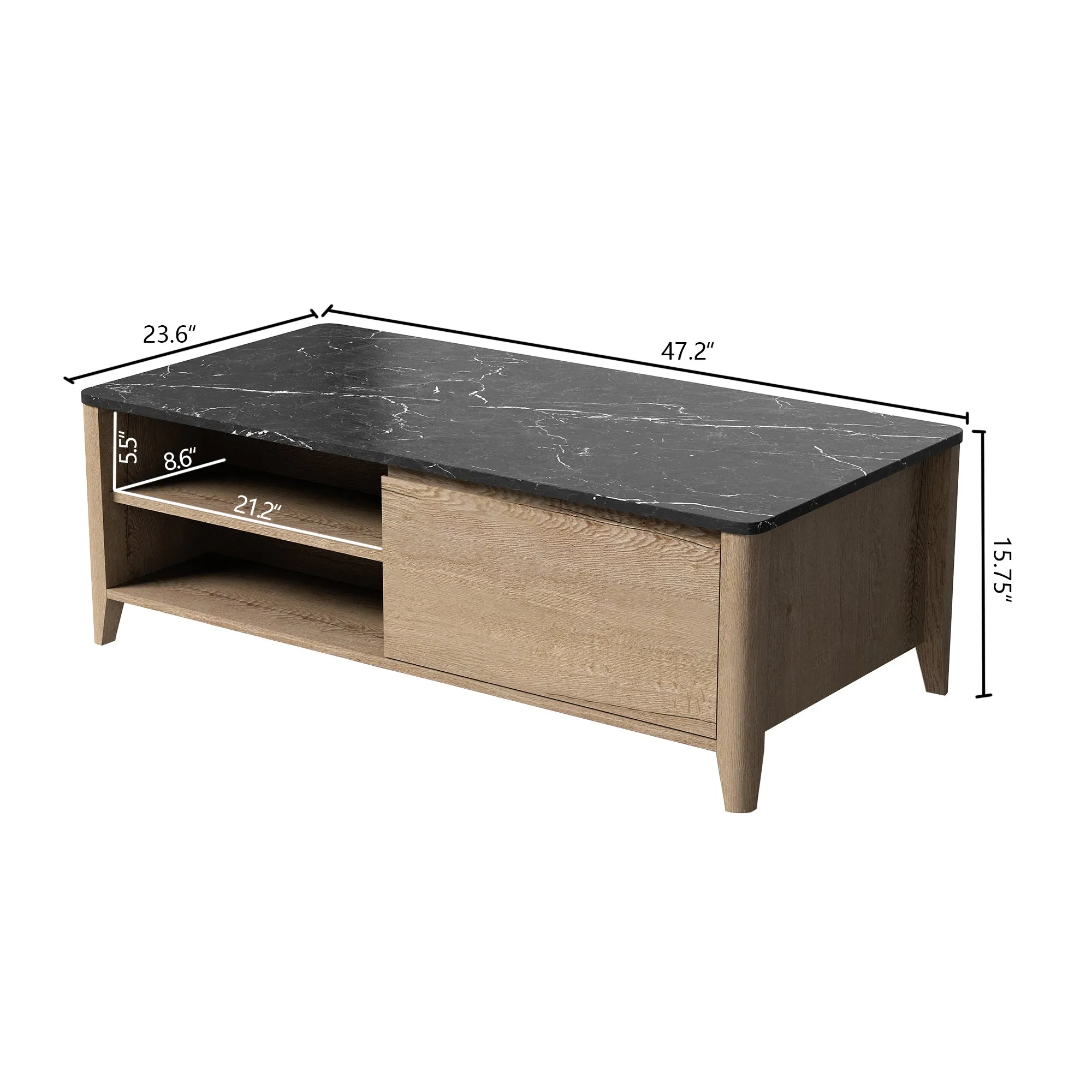 47 Inch Modern Farmhouse Double Drawer Coffee Table for Living Room or Office , Tobacco Wood and Marble Texture