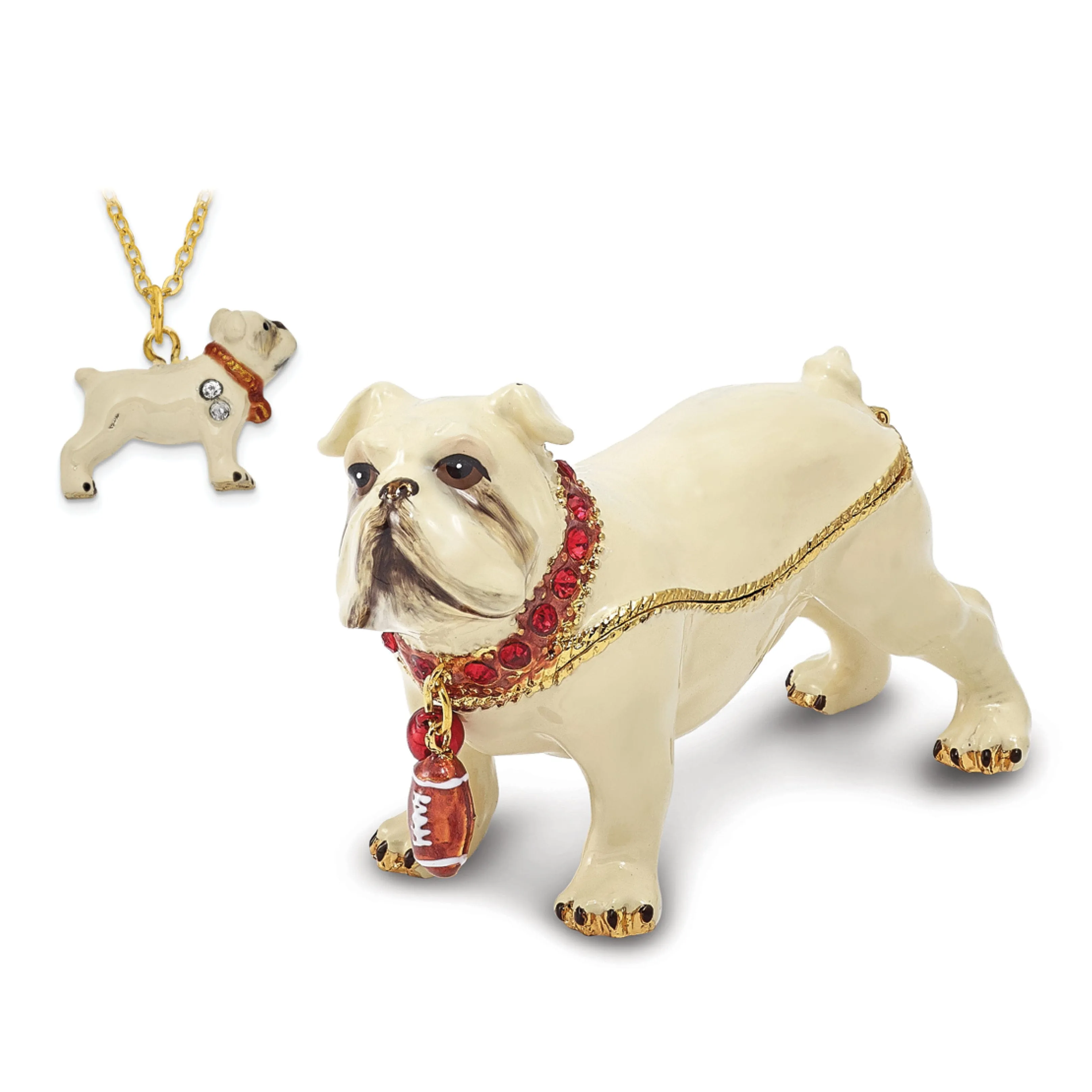 Bejeweled White Color Finish BUTCH Bulldog with Football Trinket Box