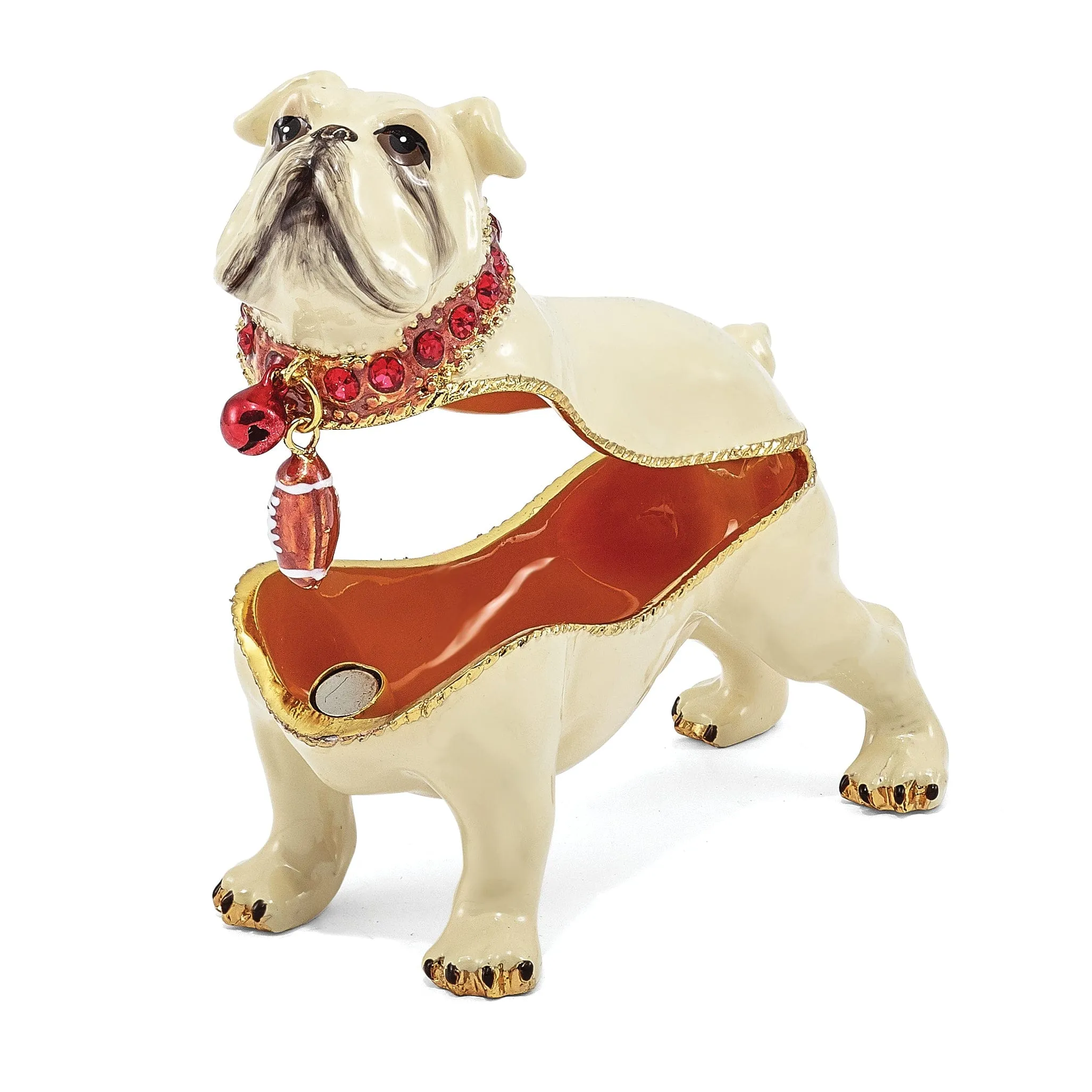 Bejeweled White Color Finish BUTCH Bulldog with Football Trinket Box