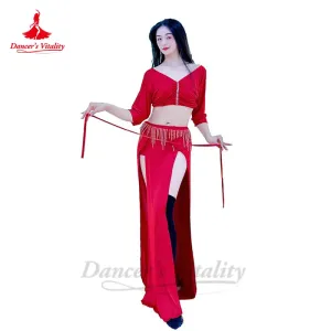 Belly Dance Performance Clothing Half Sleeves Top tassel AB Stones Long Skirt Training Oriental Belly Dancing Costume Set