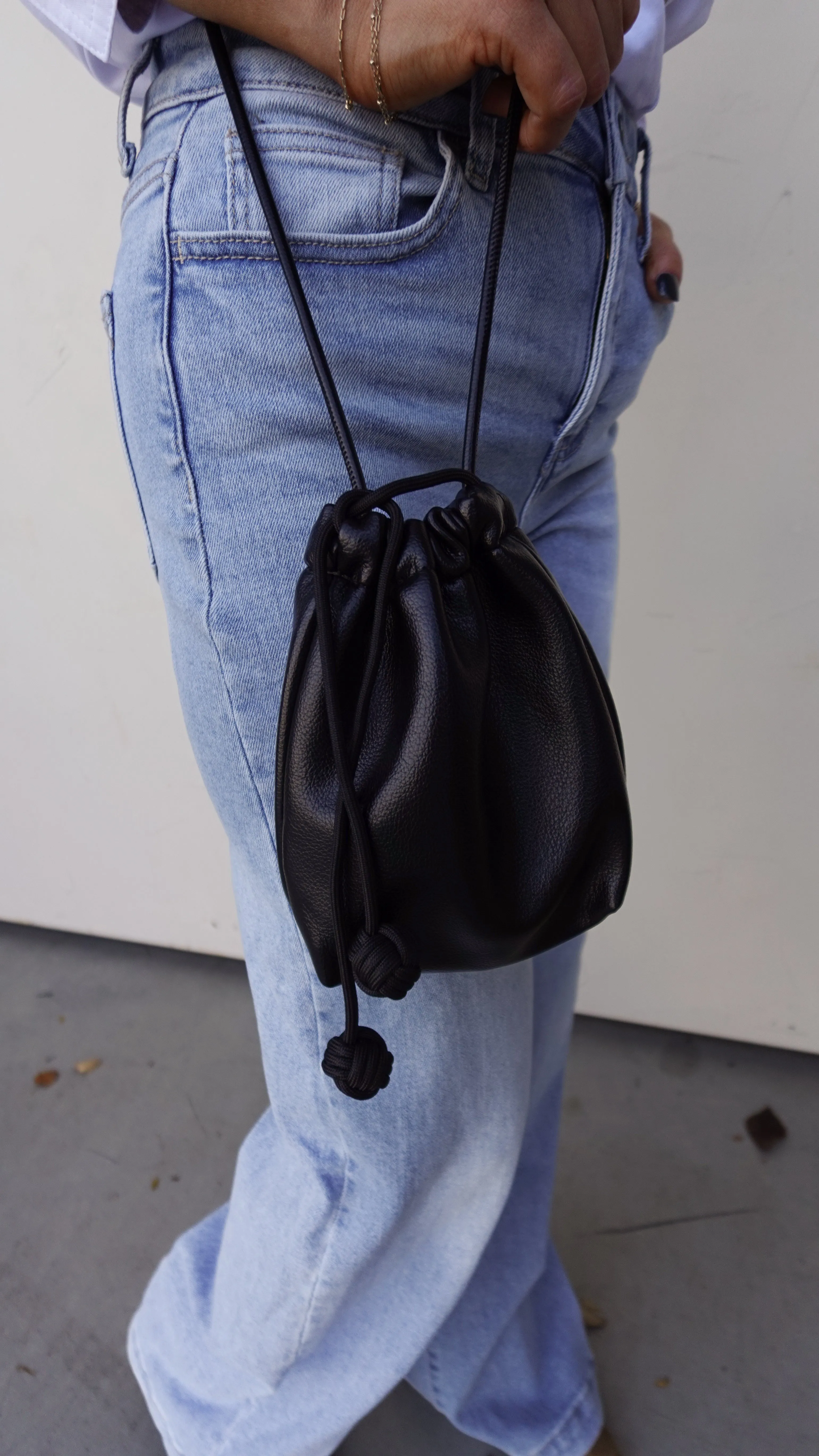 Black Faux Leather Drawstring Bag