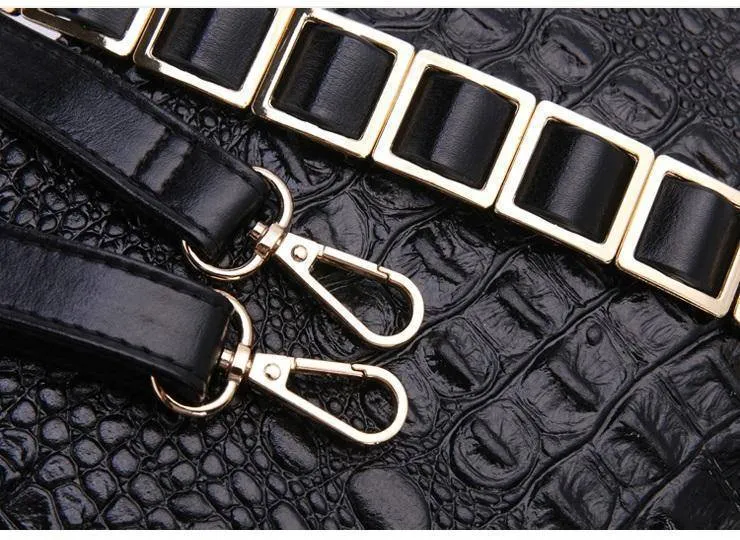 Black Genuine cow Leather Clutch bag, Crocodile texture Rivet purse also in Metallic Gold, white