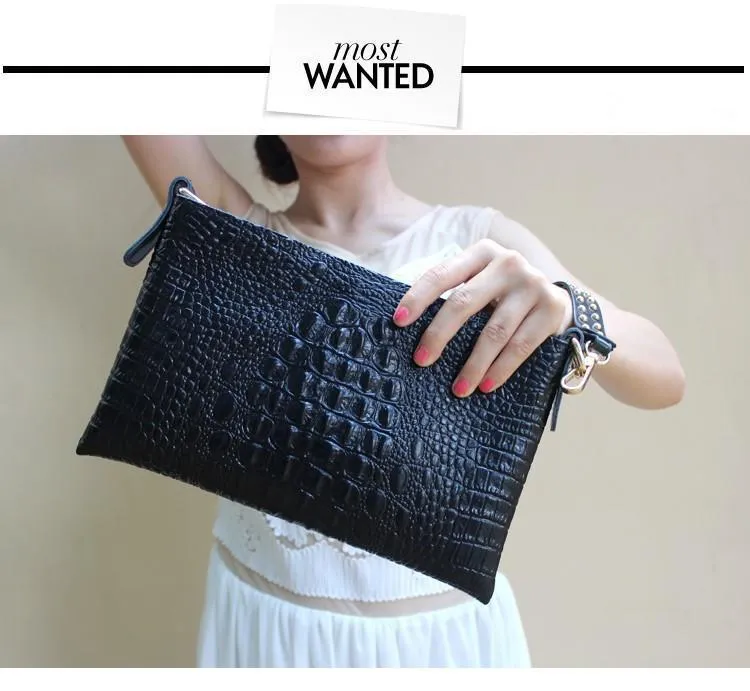 Black Genuine cow Leather Clutch bag, Crocodile texture Rivet purse also in Metallic Gold, white