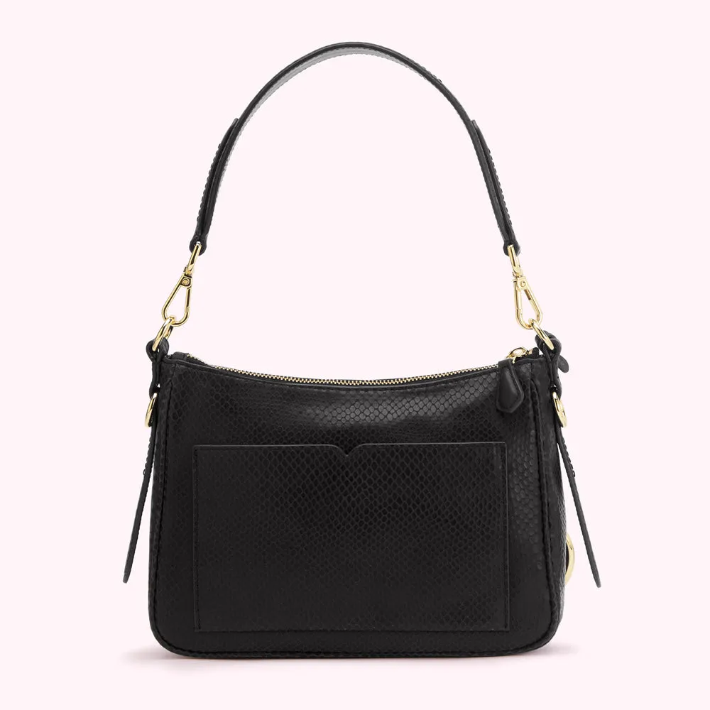 BLACK SMALL SNAKE EMBOSSED LEATHER CALLIE CROSSBODY BAG