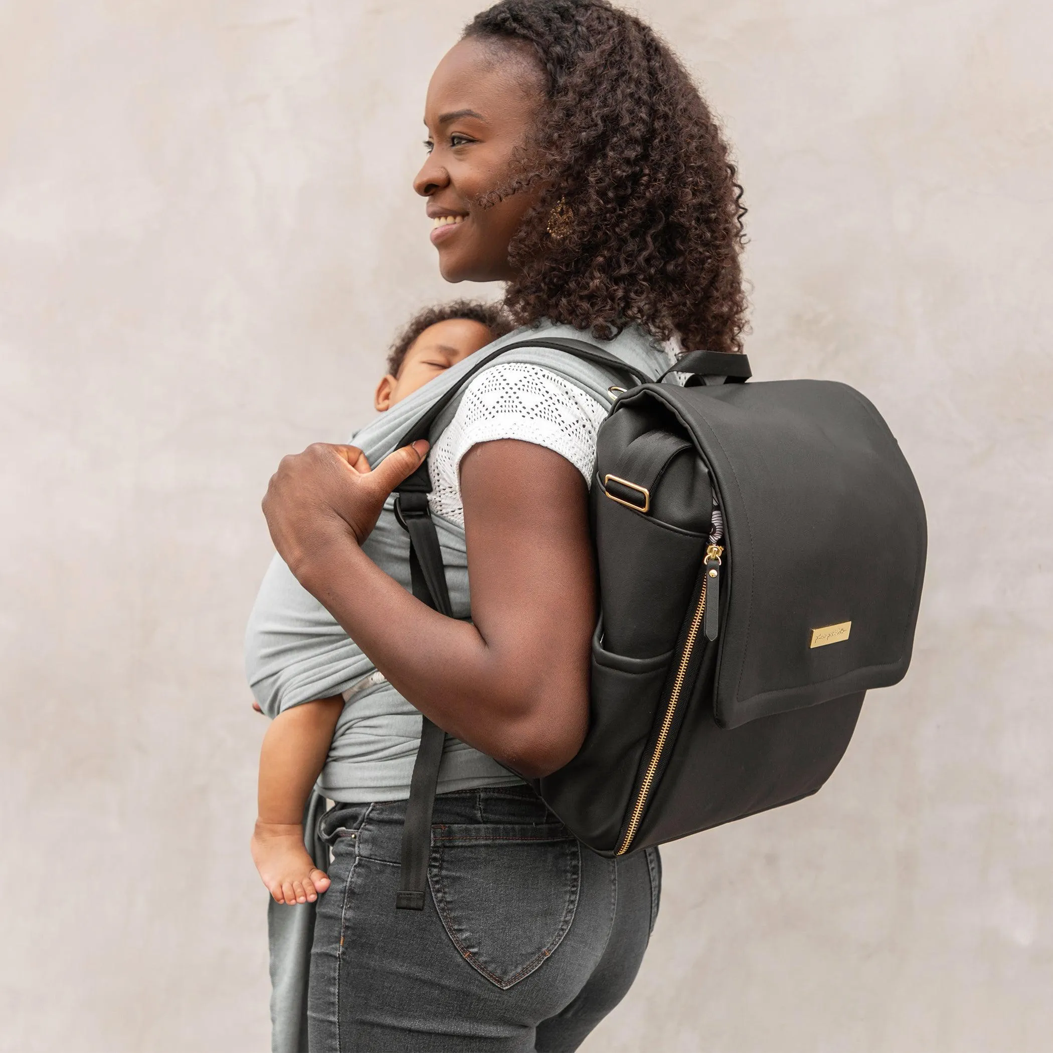 Boxy Backpack Diaper Bag in Black Matte Leatherette