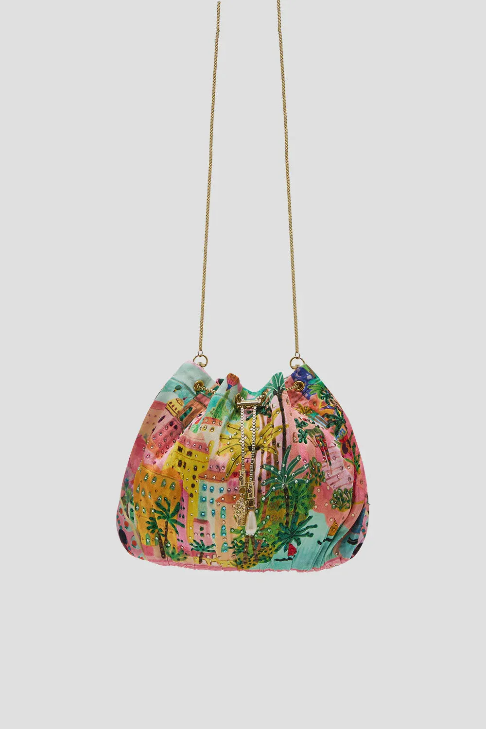 CAMILLA | SISTER SUNSET DRAWSTRING POUCH W/CHAIN STRAP