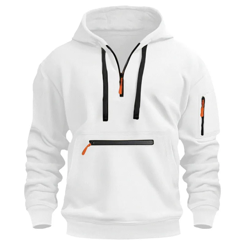 CASUAL SPORTS MULTI ZIPPER ARM POCKET MEN'S SWEATSHIRT HOODIE