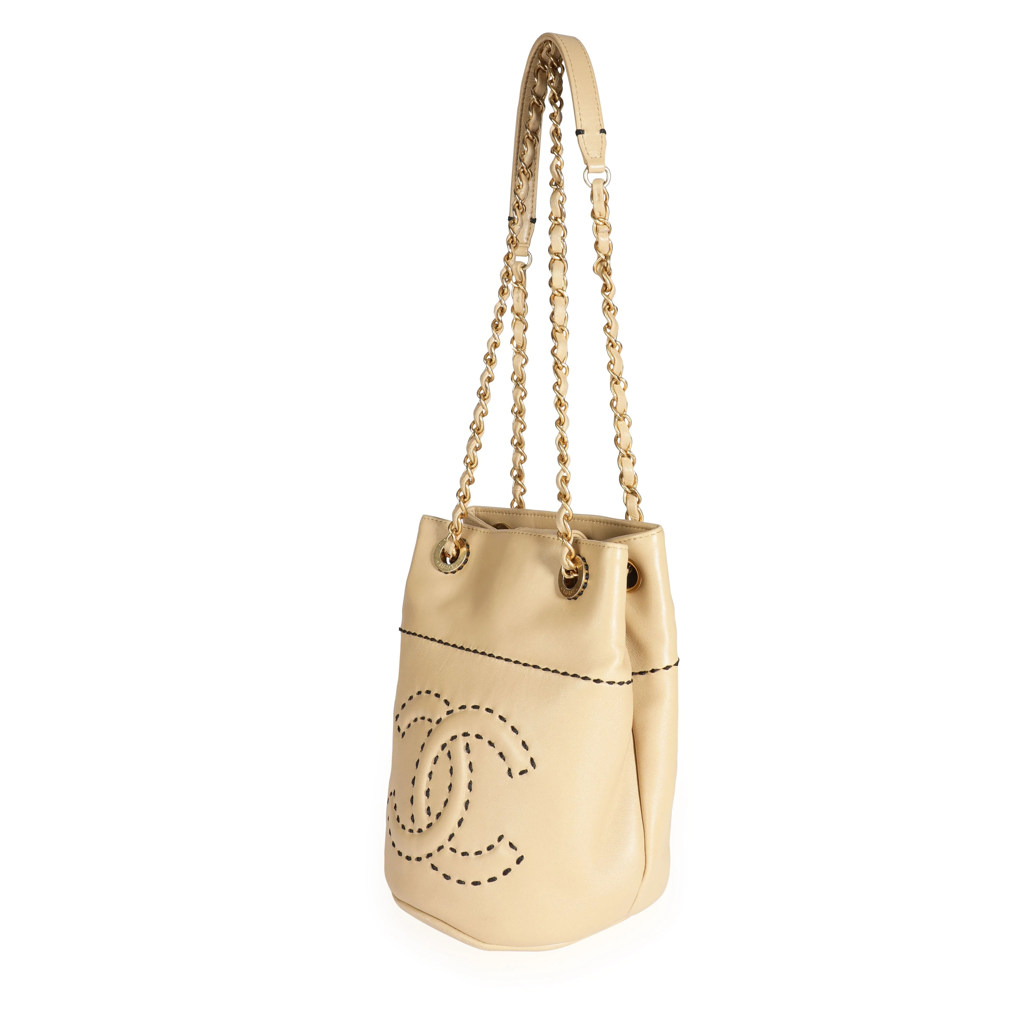 Chanel Beige Lambskin CC Stitch Drawstring Crossbody Bag