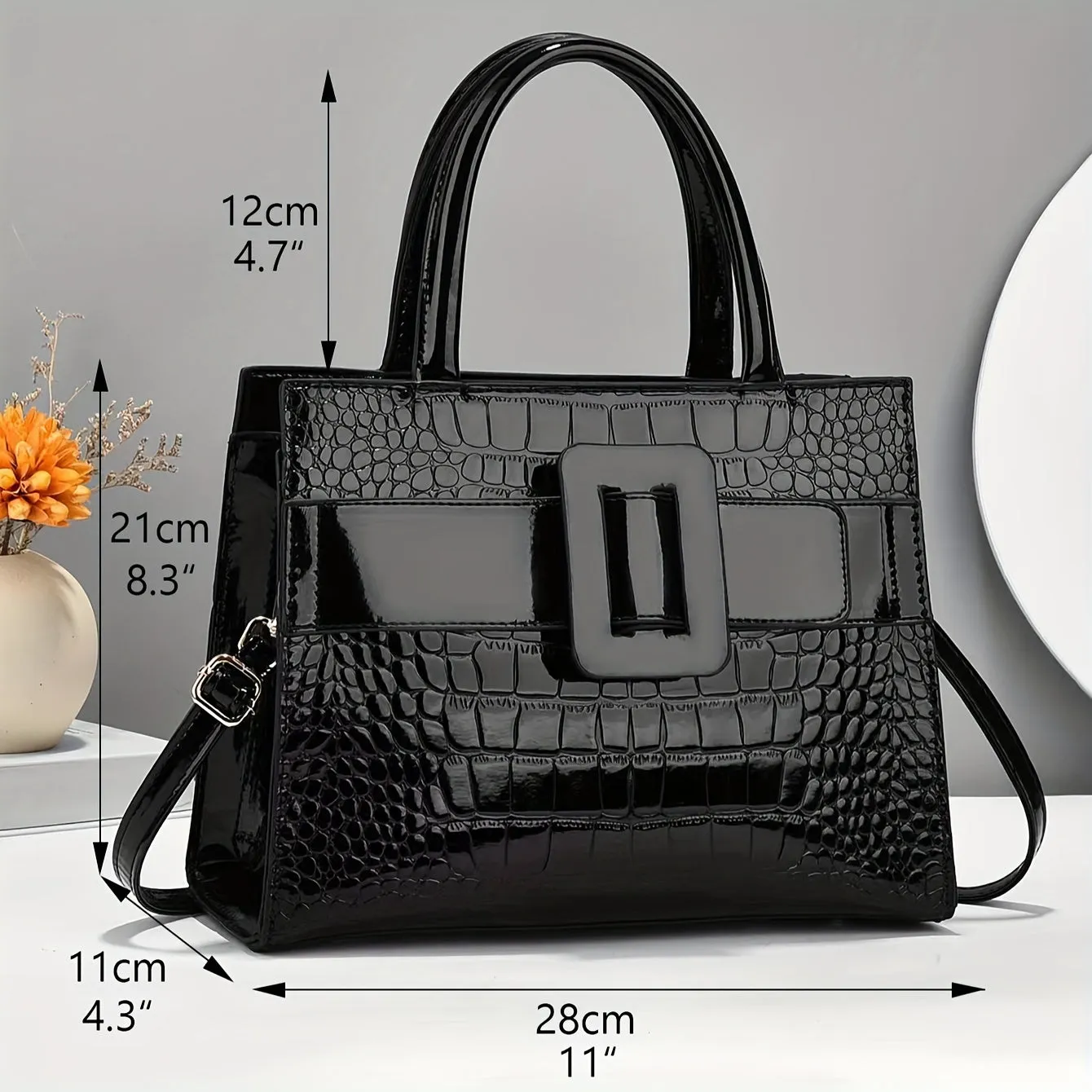 Chic Crocodile-Embossed Handbag with Secure Buckle - Versatile & Spacious for All Occasions