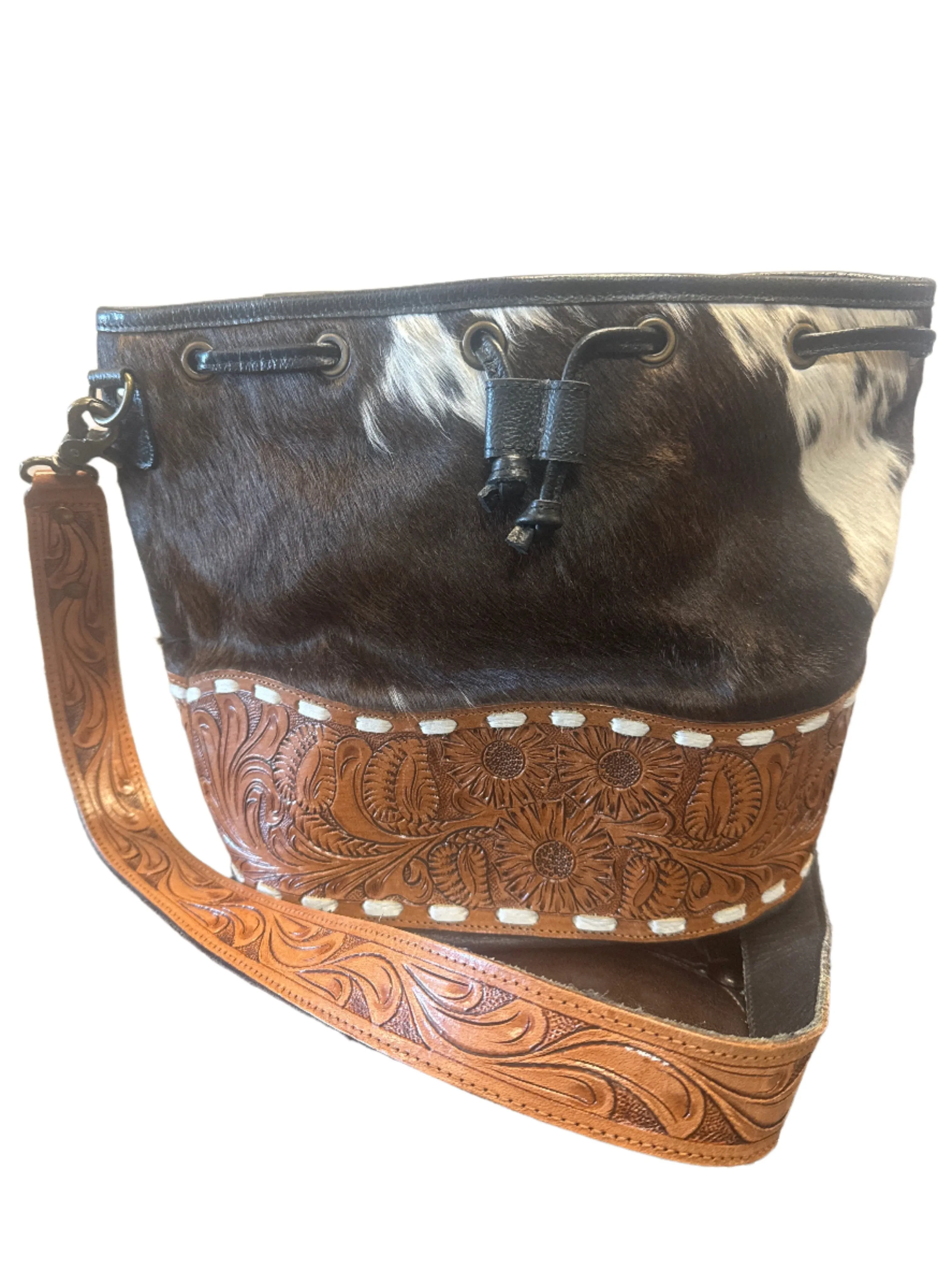 Cowhide Tooled Bucket Crossbody Bag