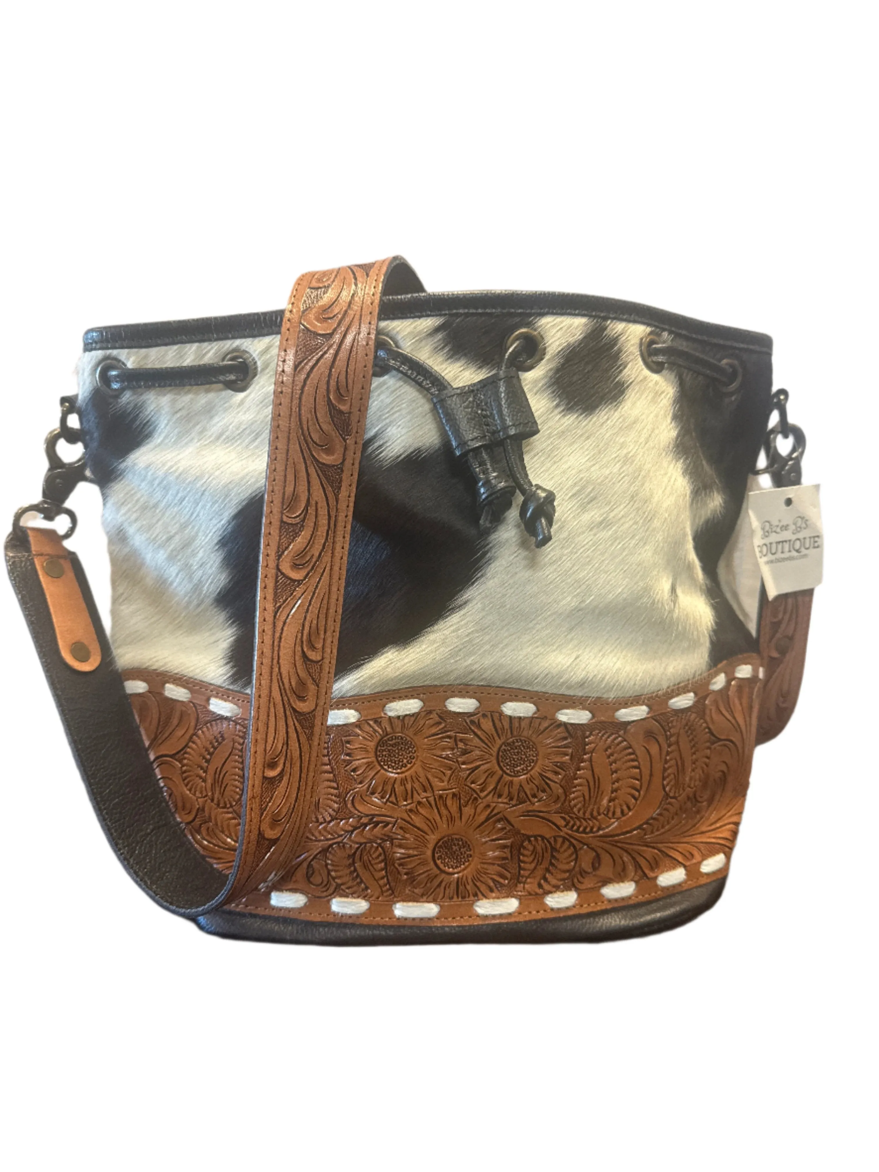 Cowhide Tooled Bucket Crossbody Bag