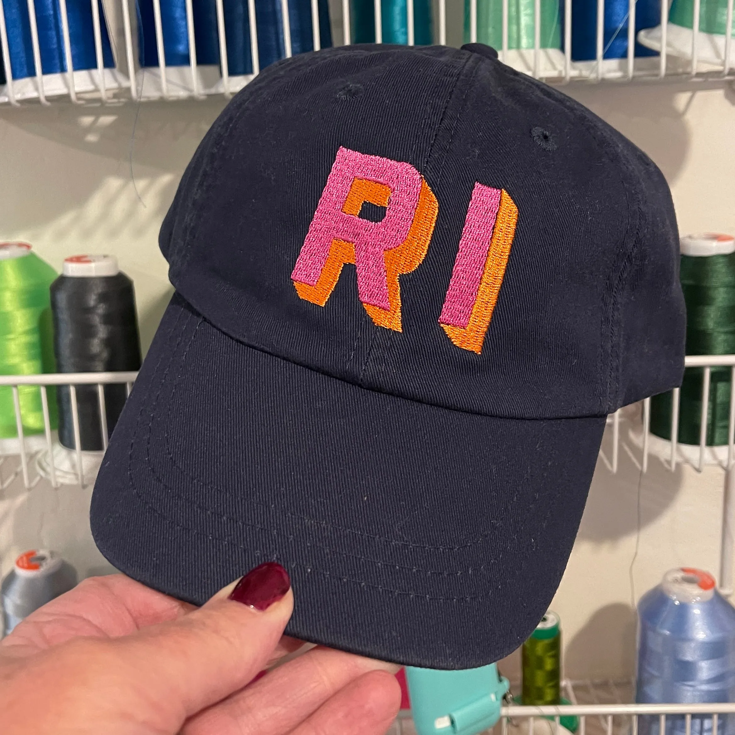 Customizable White Dad Hat with Navy Blue and Green Shadow Block Font