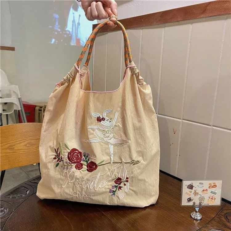 DUNNMALL Women's Embroidered Shopping Bag Clutch Canvas Bag Oxford Fabric Bag Nylon Waterproof Shopping Bag Portable Crossbody Shoulder Bag