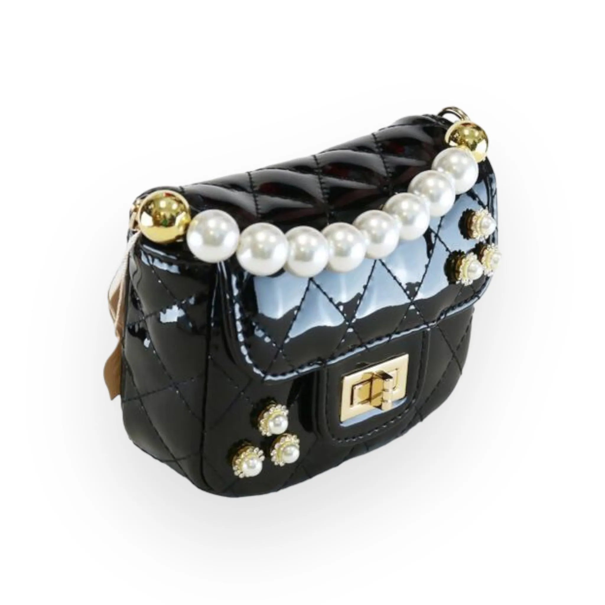 Embellished Patent Quilted Purse - Black