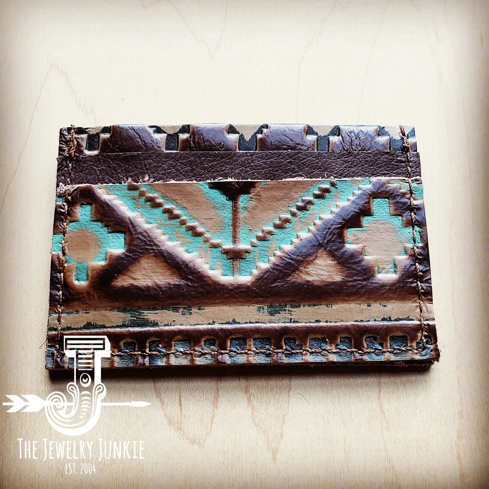 **Embossed Leather Credit Card Holder-Turquoise Navajo 601j