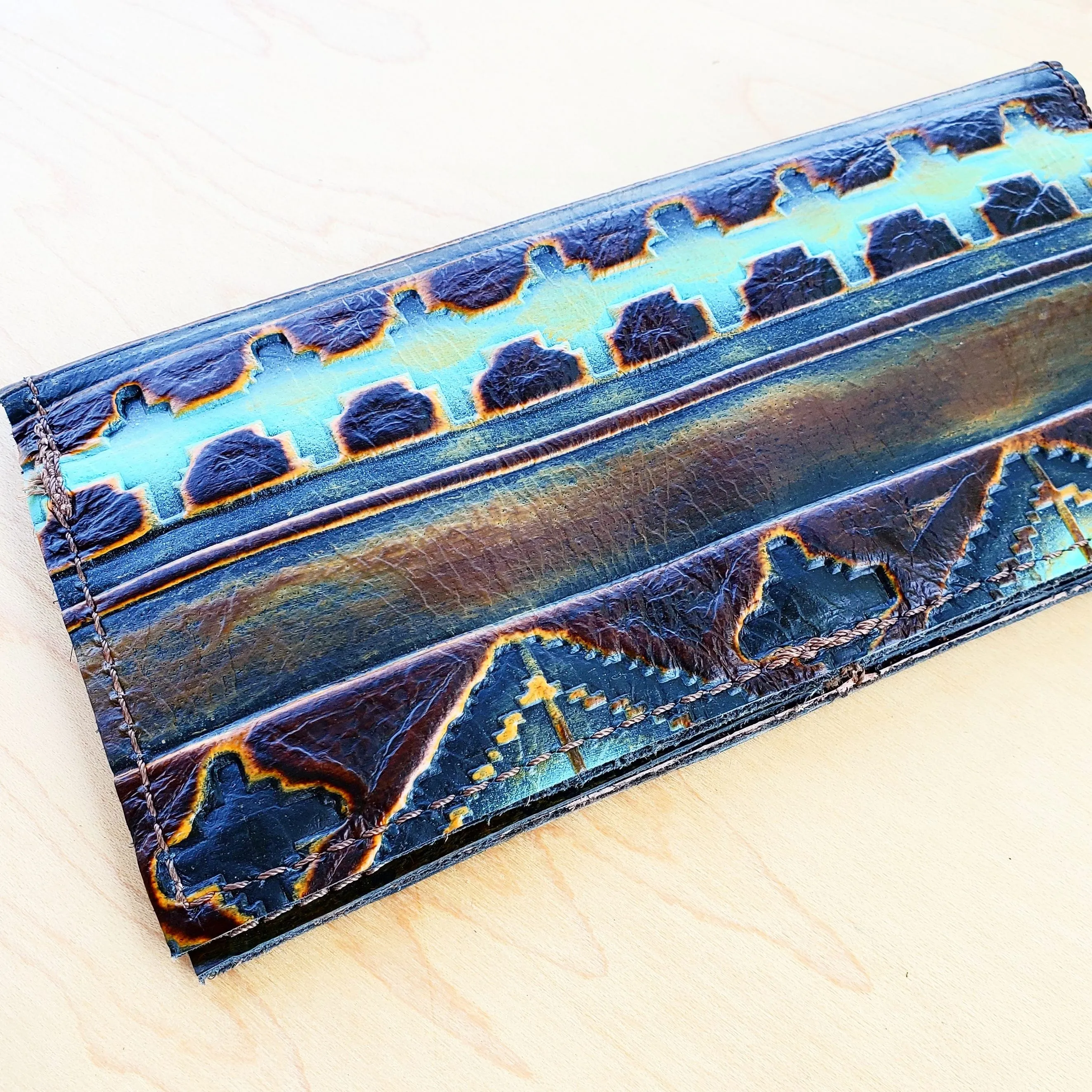 **Embossed Leather Wallet-Blue Navajo 300a