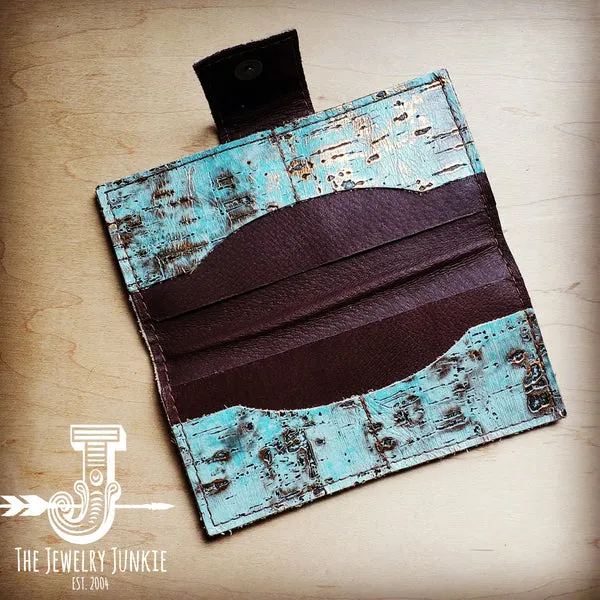 Embossed Leather Wallet in Turquoise Metallic w/ Snap