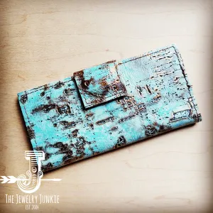 Embossed Leather Wallet in Turquoise Metallic w/ Snap