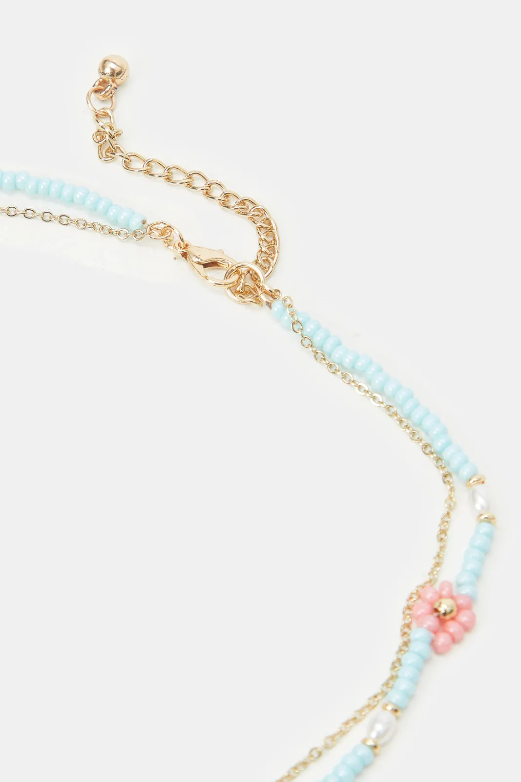 Girls Gold And Blue Floral Beads Necklace & Bracelets (5 Piece)