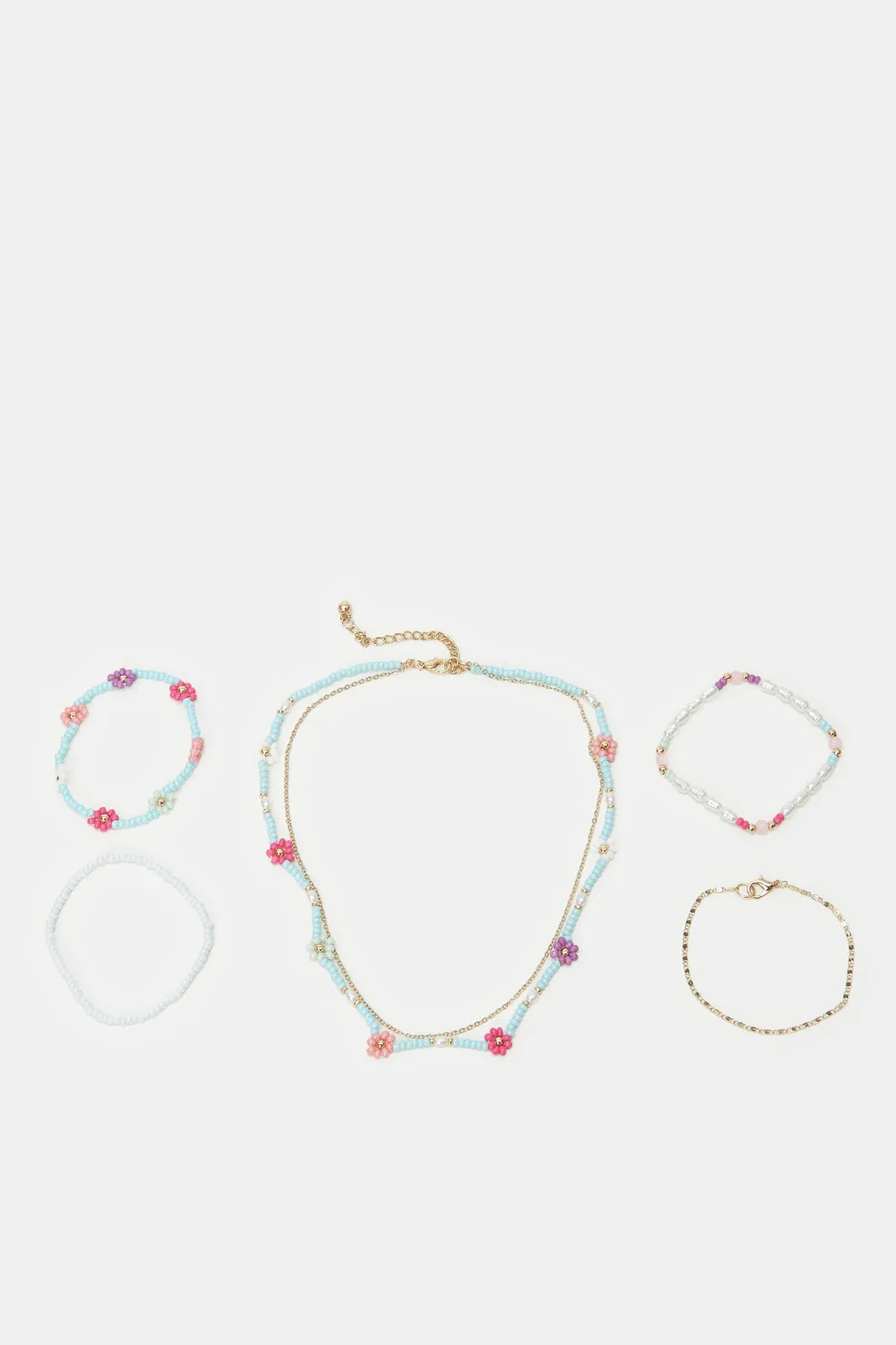 Girls Gold And Blue Floral Beads Necklace & Bracelets (5 Piece)