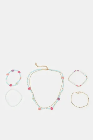 Girls Gold And Blue Floral Beads Necklace & Bracelets (5 Piece)