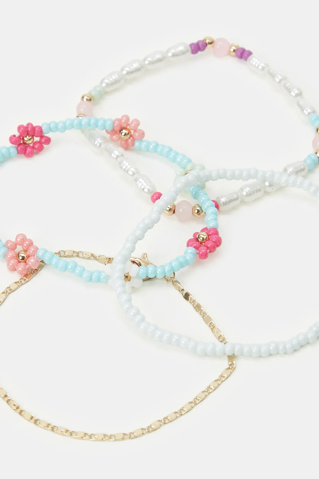 Girls Gold And Blue Floral Beads Necklace & Bracelets (5 Piece)