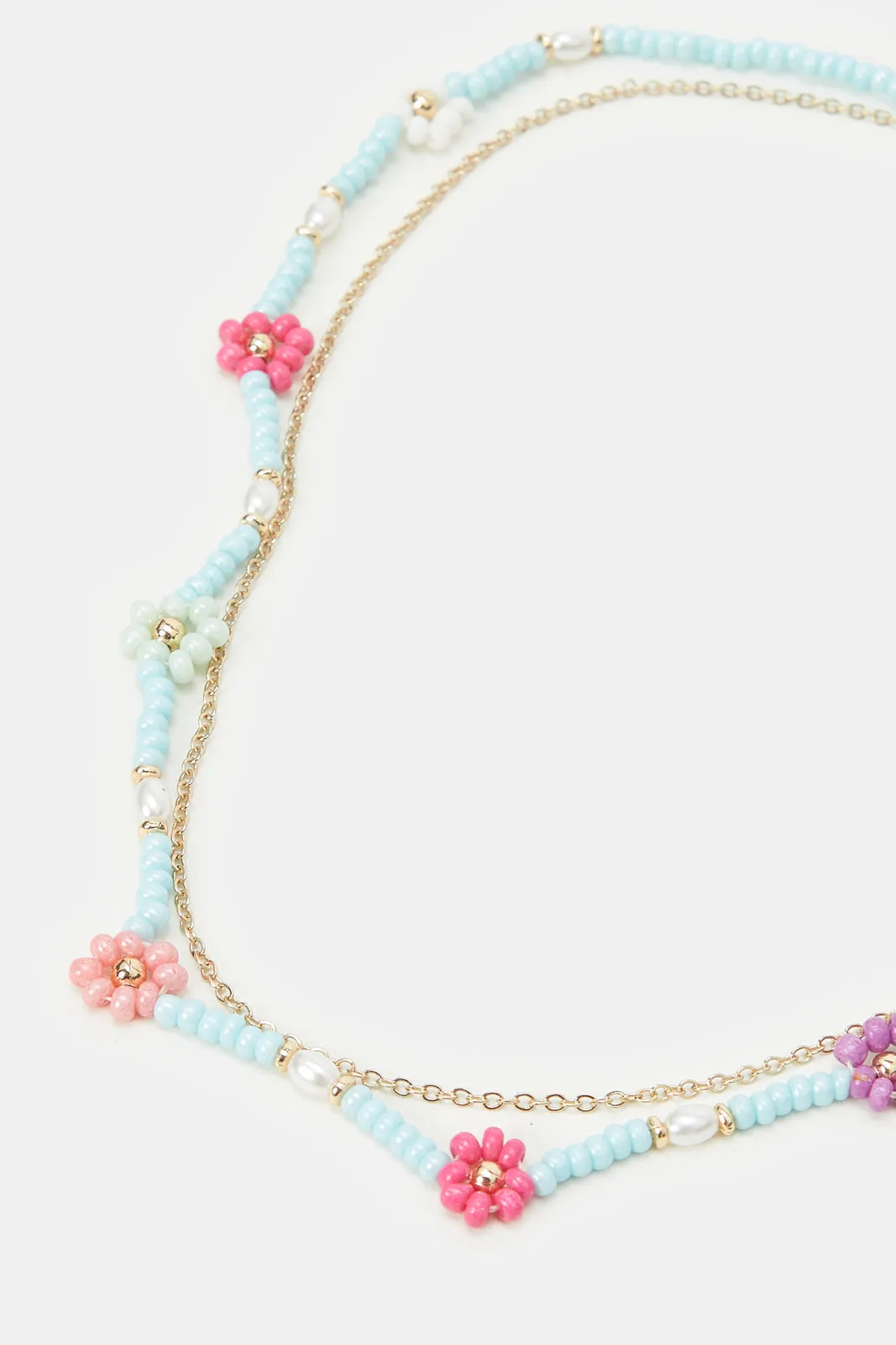 Girls Gold And Blue Floral Beads Necklace & Bracelets (5 Piece)