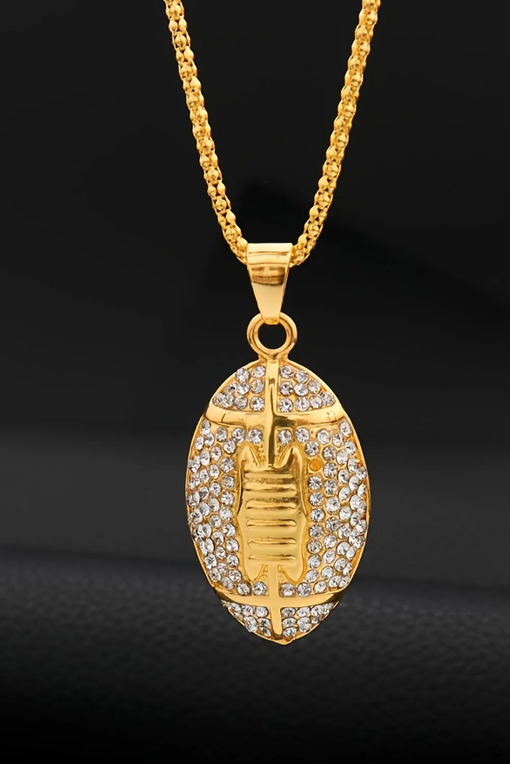 Gold Plated Rhinestone Rugby Pendant Necklace