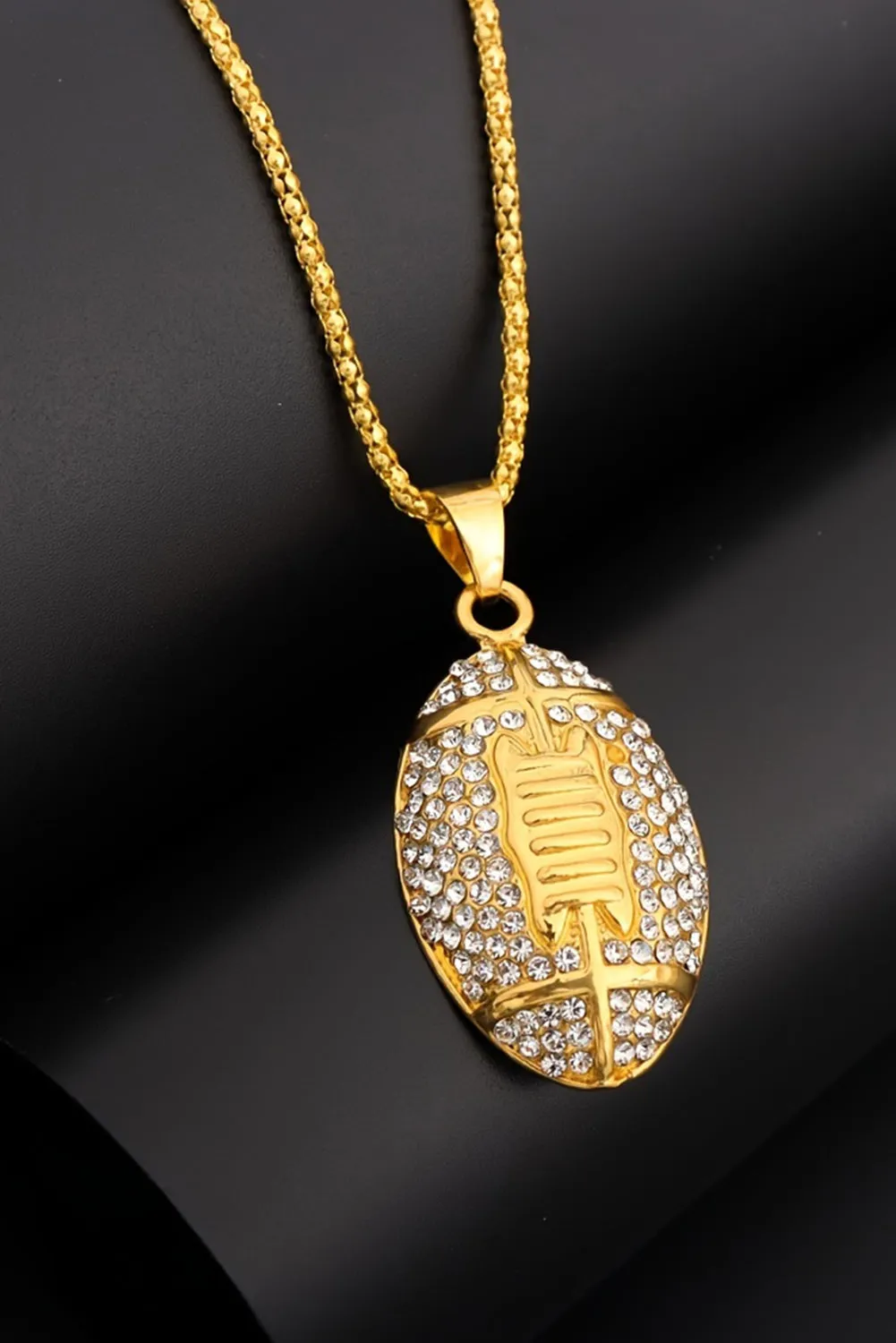 Gold Plated Rhinestone Rugby Pendant Necklace