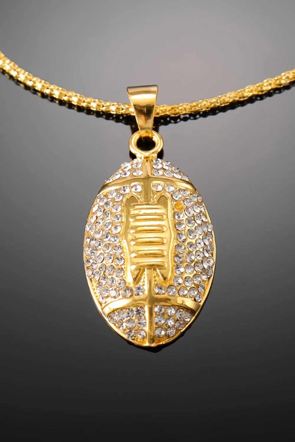 Gold Plated Rhinestone Rugby Pendant Necklace