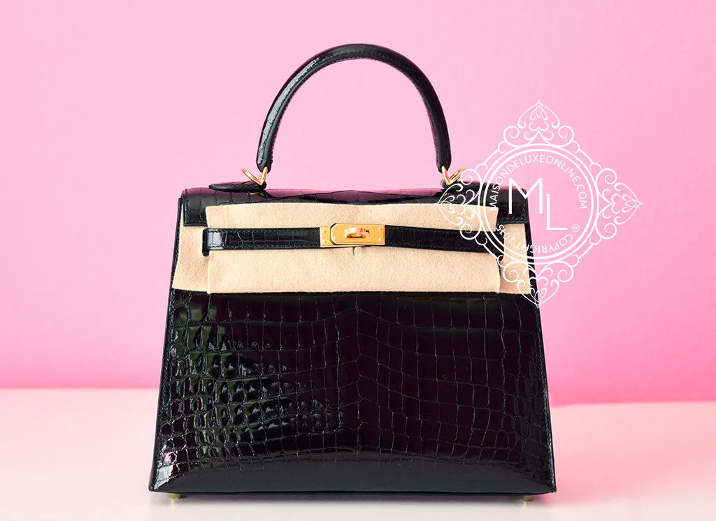 Hermes Noir Black Sellier Crocodile Kelly 25 Handbag