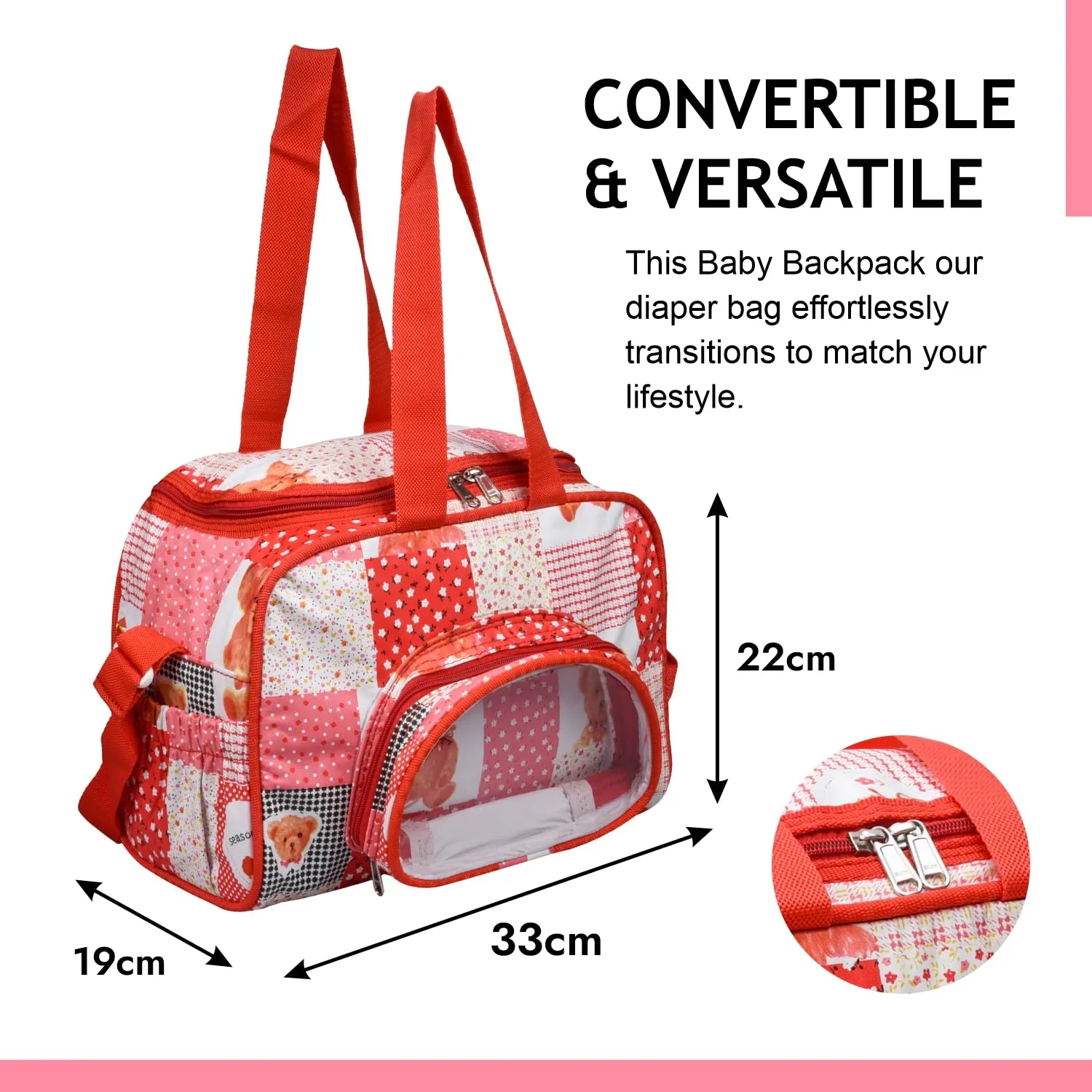 Kuber Industries Baby Diaper Bag | Maternity Diaper Changing Bag | Travel Diaper Bag | Diaper Bag for Mothers | Transparent D Pocket Baby Bag | Teddy Bear Diaper Bag with Straps | Red