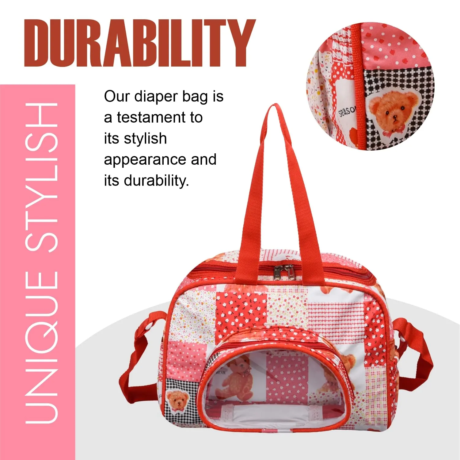 Kuber Industries Baby Diaper Bag | Maternity Diaper Changing Bag | Travel Diaper Bag | Diaper Bag for Mothers | Transparent D Pocket Baby Bag | Teddy Bear Diaper Bag with Straps | Red