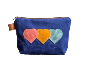 Leather Applique | Handmade Waxed Canvas Zipper Pouch | Linked Hearts