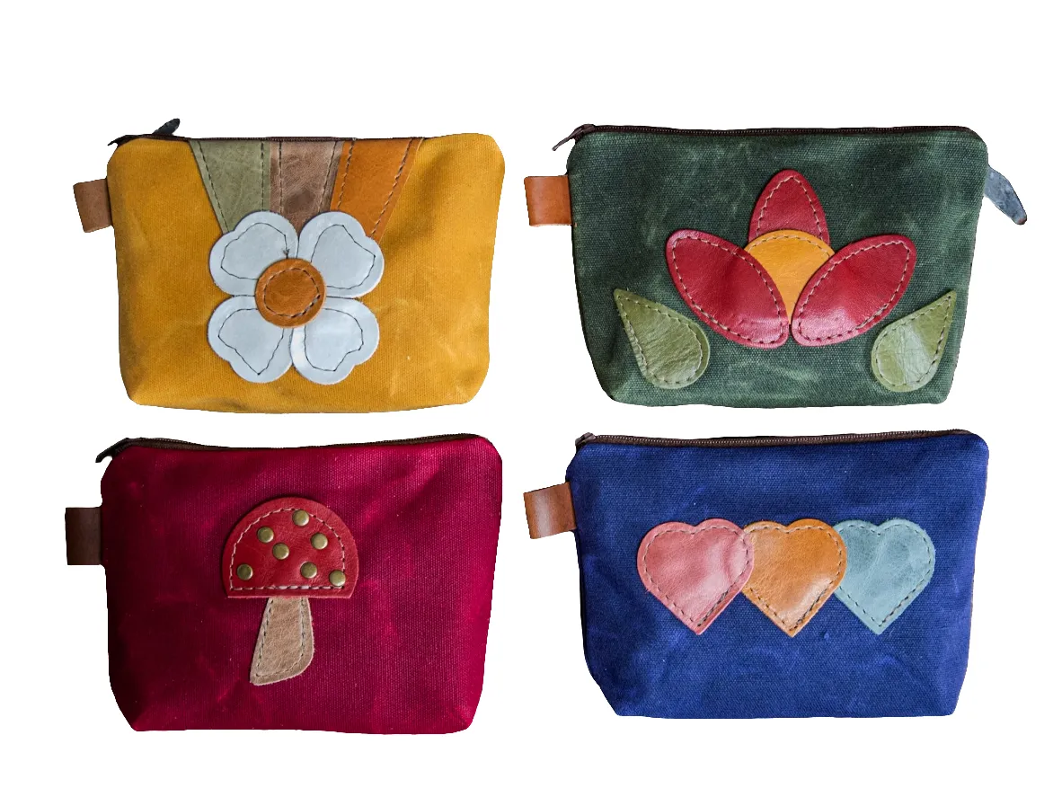 Leather Applique | Handmade Waxed Canvas Zipper Pouch | Linked Hearts