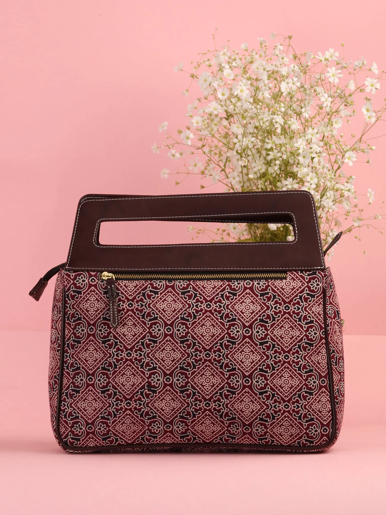 Maroon Black Ajrakh Hand Block Print Baguette Bag with Vegan Leather Top Handles - B0902