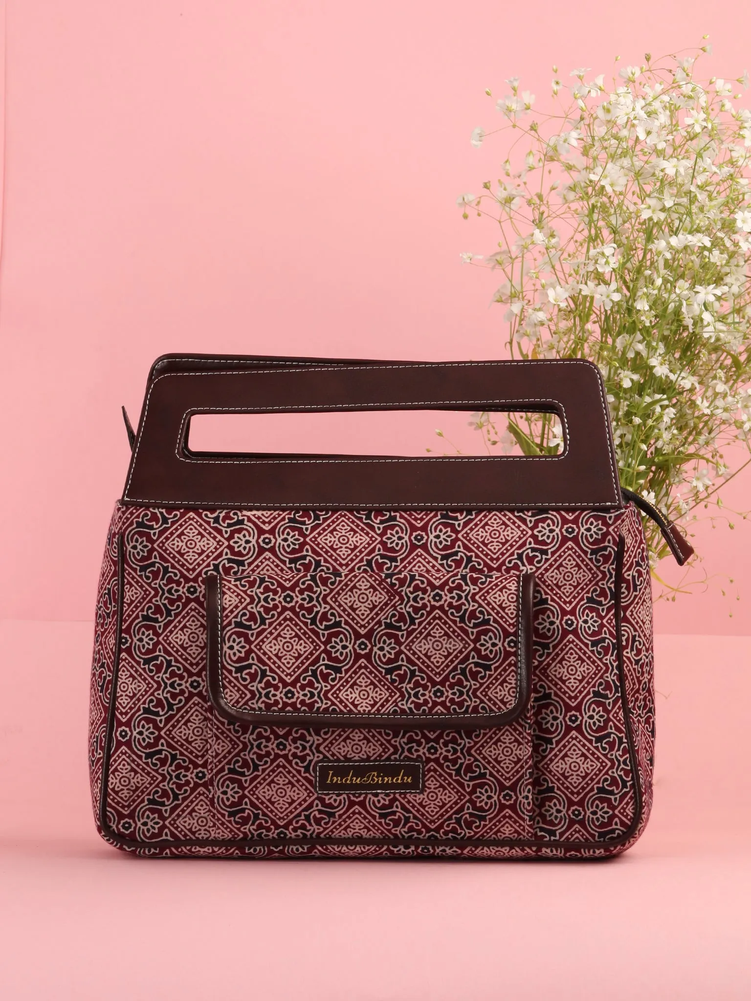 Maroon Black Ajrakh Hand Block Print Baguette Bag with Vegan Leather Top Handles - B0902