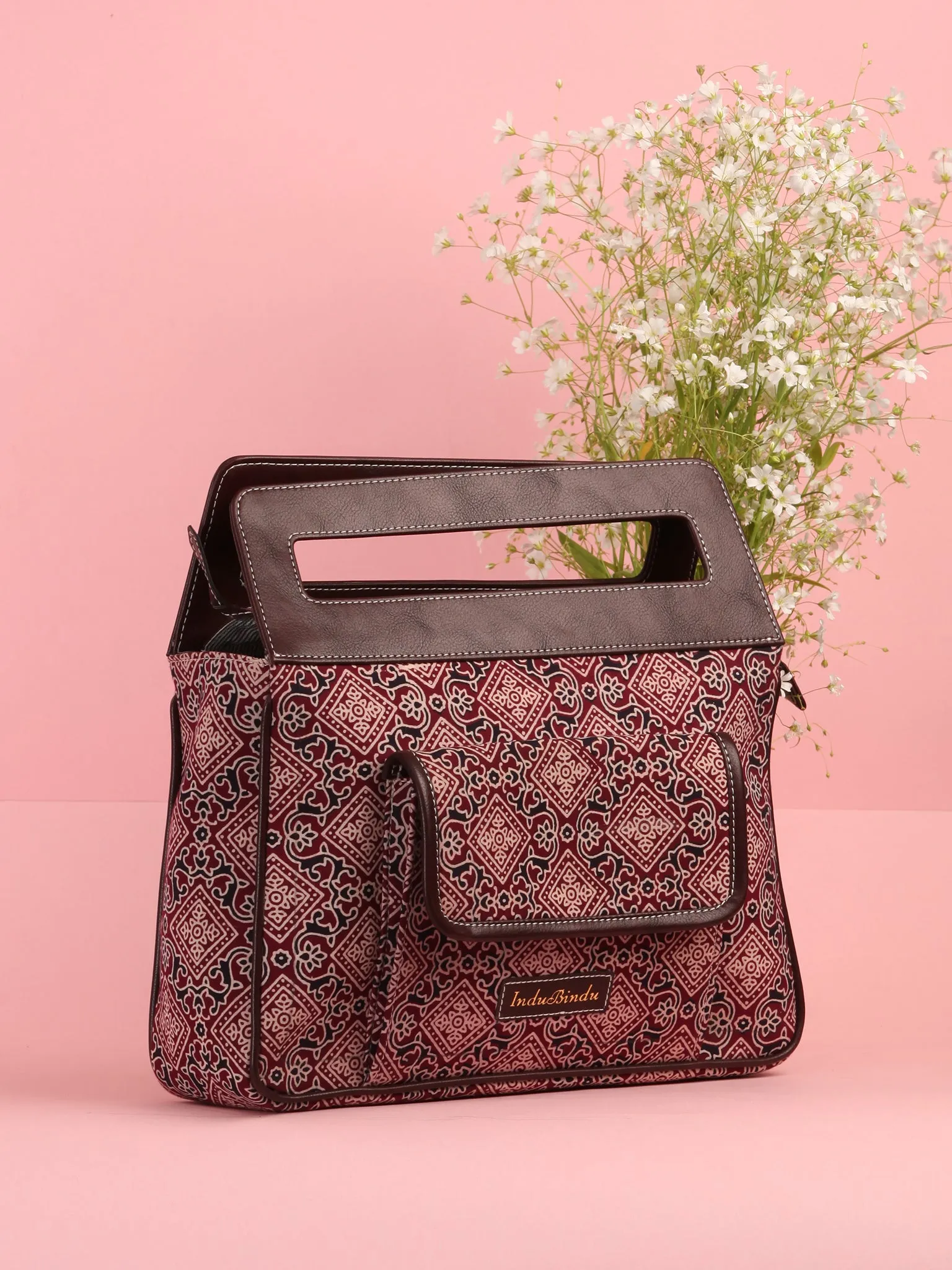 Maroon Black Ajrakh Hand Block Print Baguette Bag with Vegan Leather Top Handles - B0902