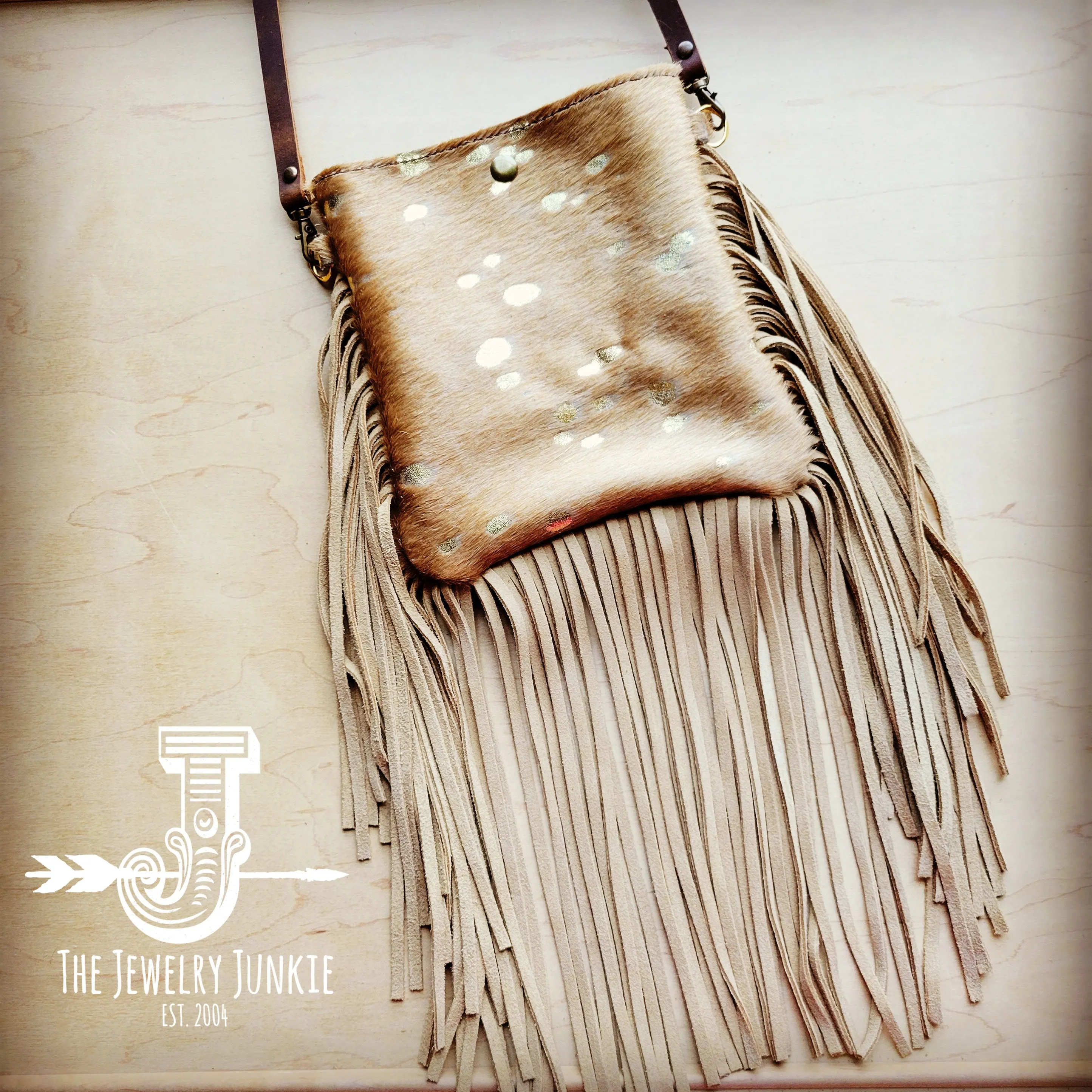 **MEDIUM Crossbody Handbag w/ Tan Metallic Full Fringe 511L