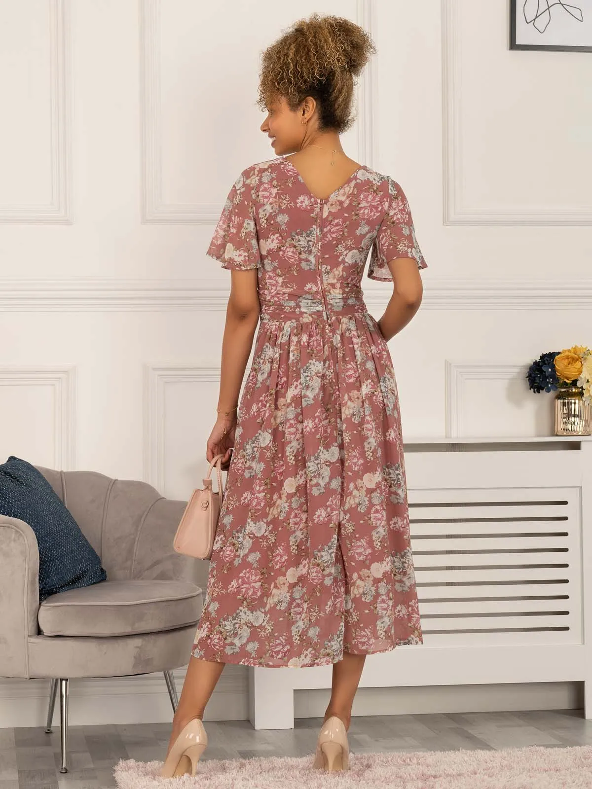 Nadine Floral Print Chiffon Dress, Mauve