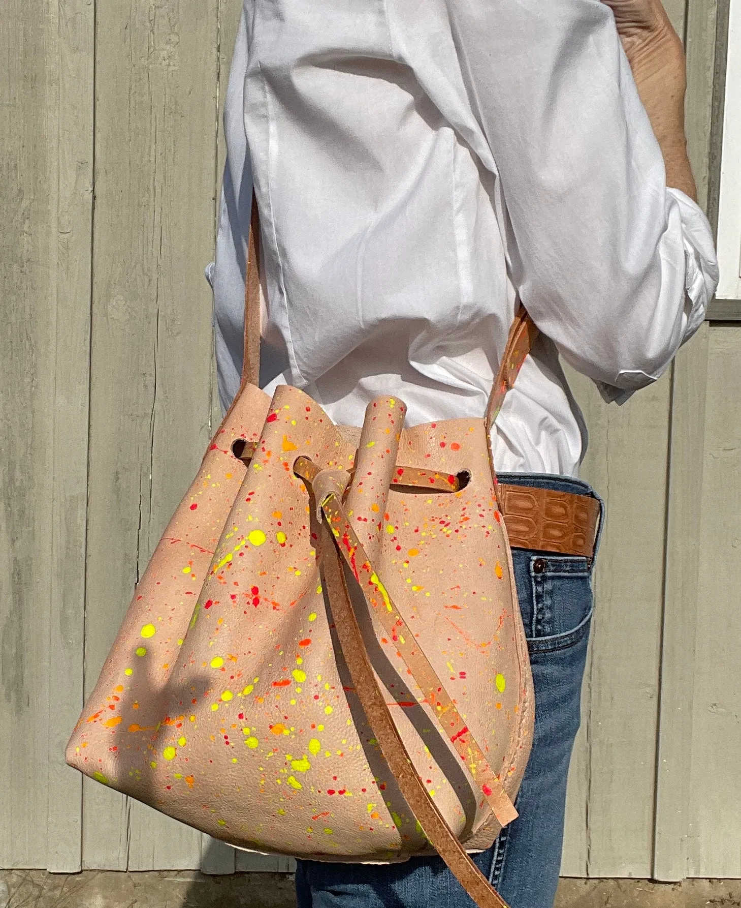 Neon Splatter Veg Tan Leather Drawstring Crossbody Bucket Bag