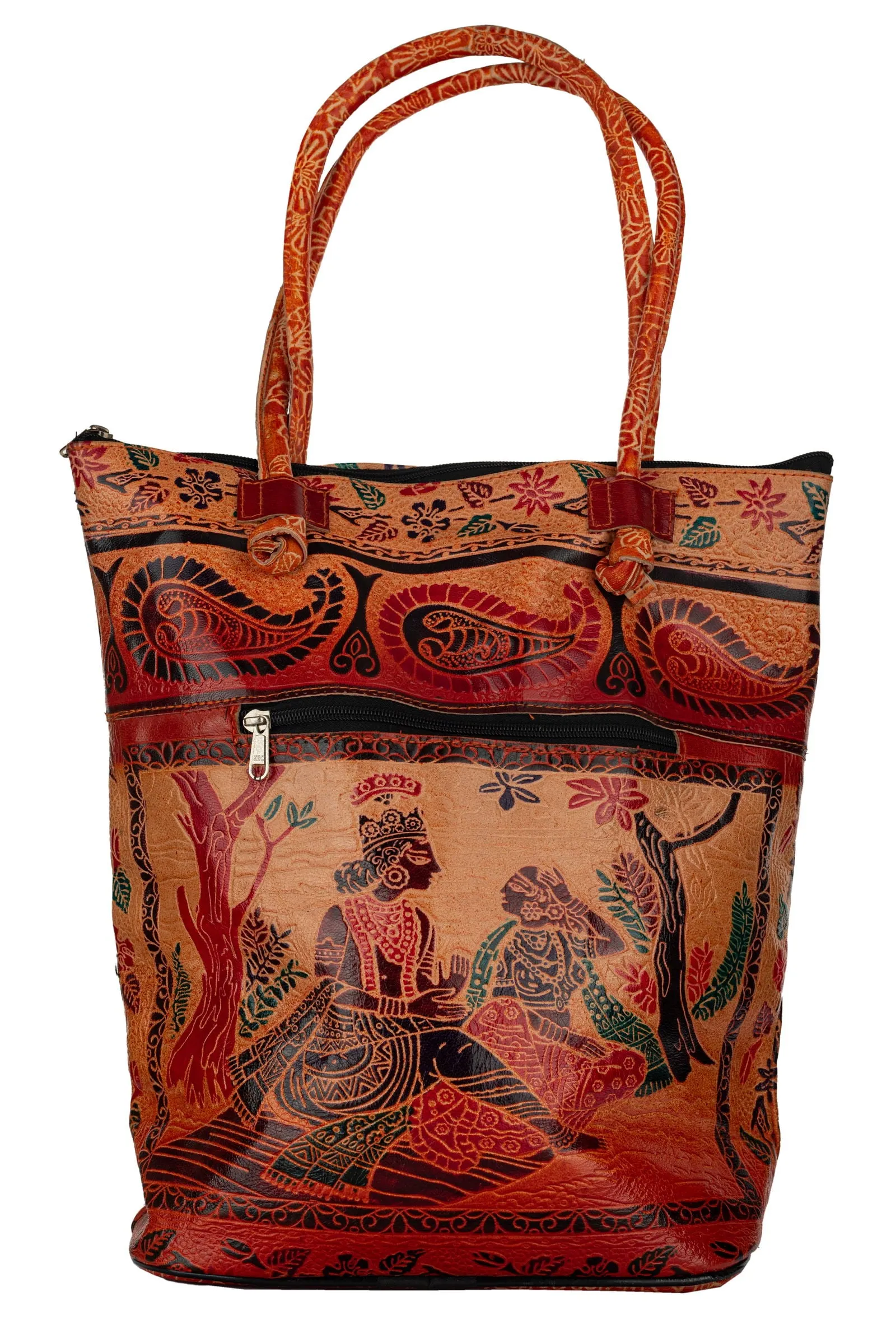 Shantiniketan Handcrafted Brown Leather Handbag for Women with Spacious Compartments, 14x14 Inches