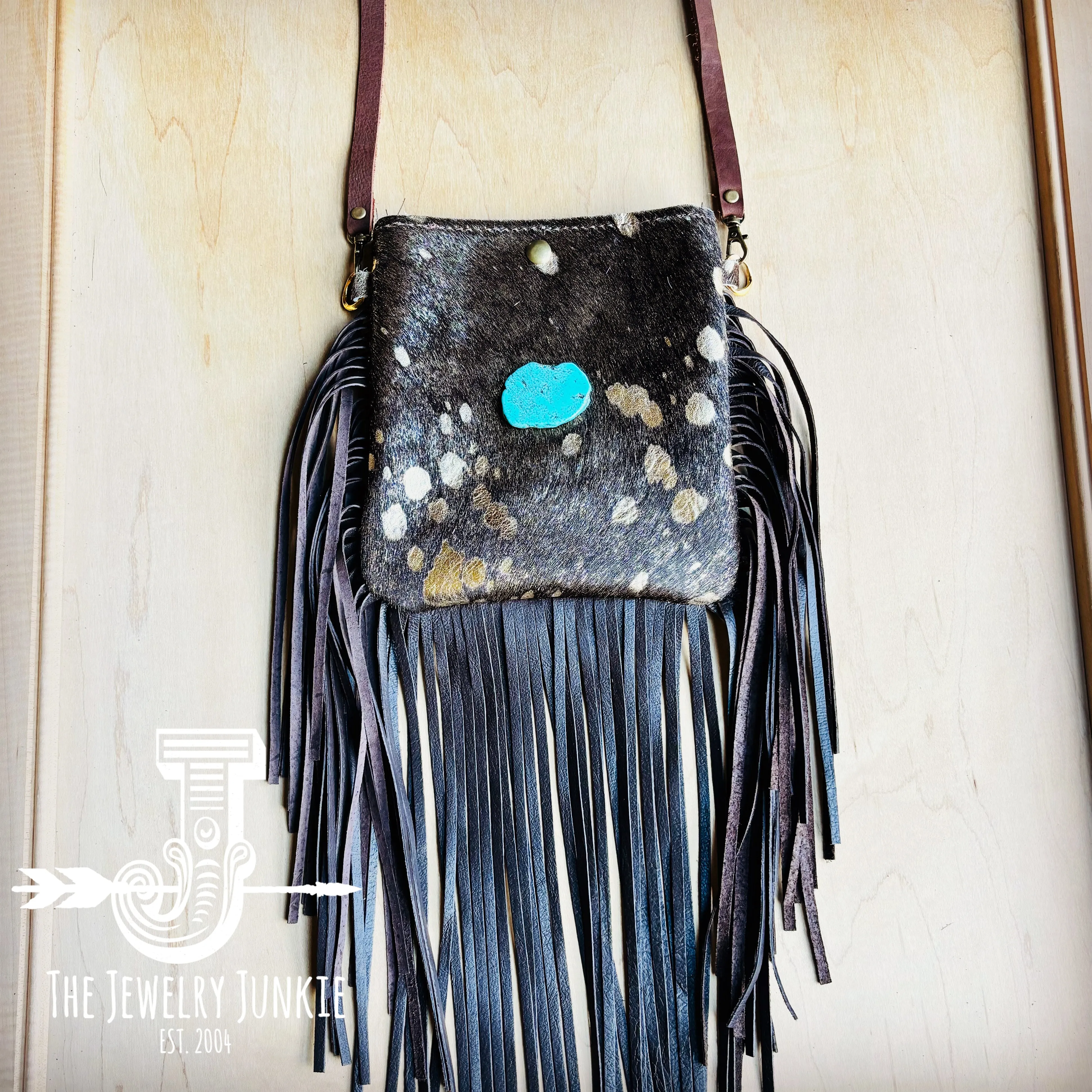 **Small Crossbody Handbag Dark Metallic w/ Turquoise & Fringe 514a